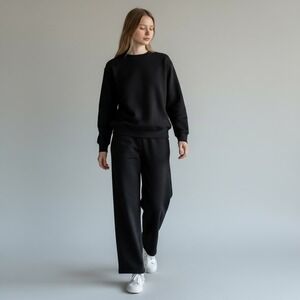 ZARA Black Crewneck Sweatshirt Wide Leg Lounge Pants Matching Set Size S